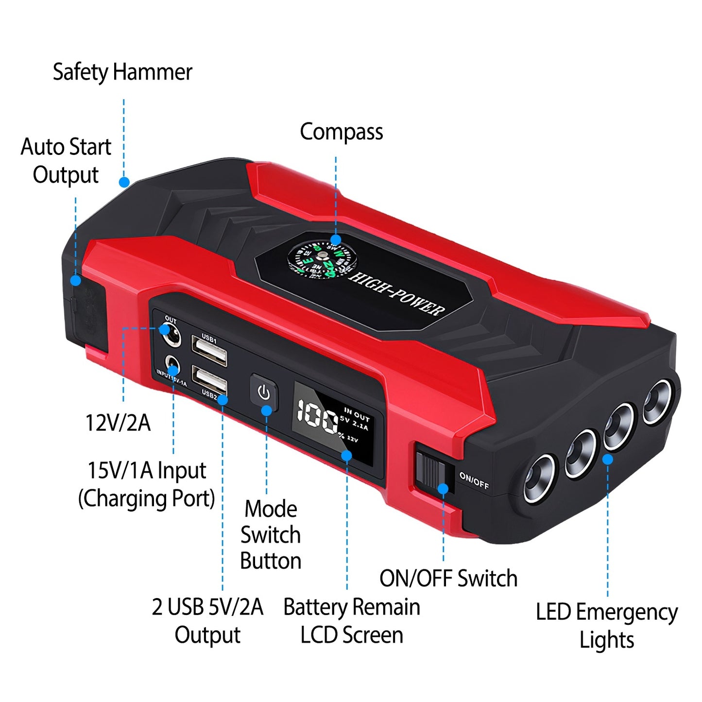 Car Jump Starter 800A Peak 28000mAh - Portable Battery Booster with LCD Screen