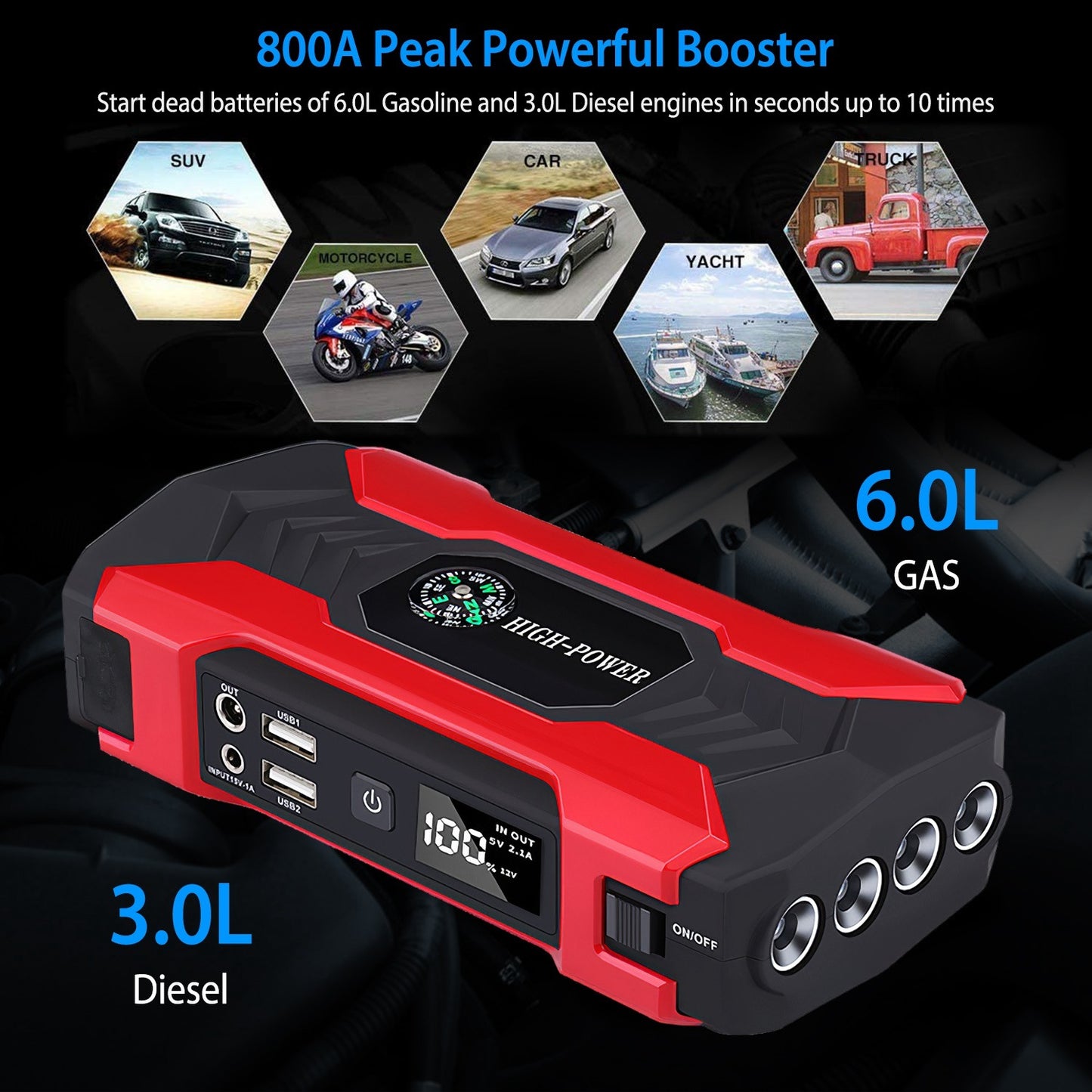 Car Jump Starter 800A Peak 28000mAh - Portable Battery Booster with LCD Screen