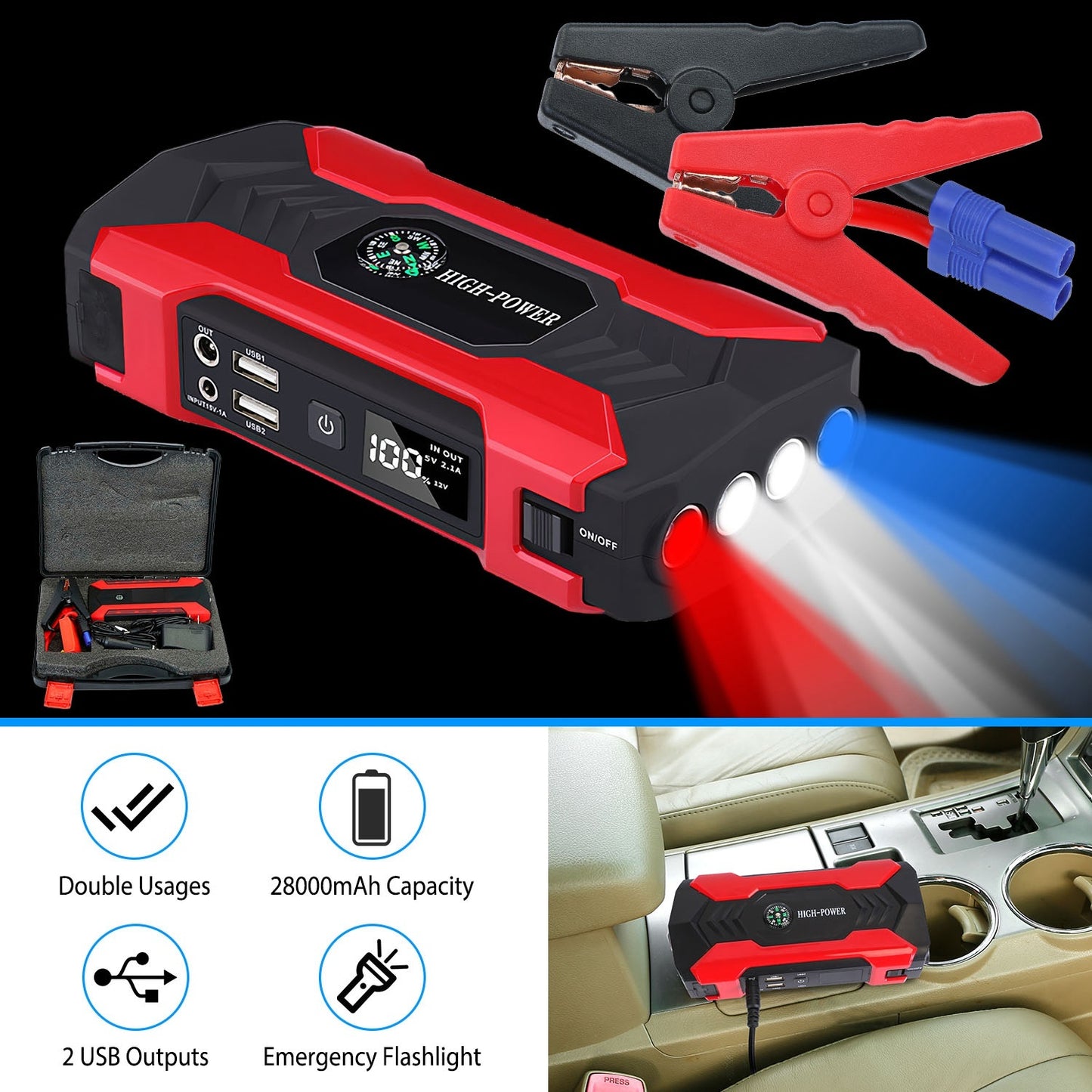 Car Jump Starter 800A Peak 28000mAh - Portable Battery Booster with LCD Screen