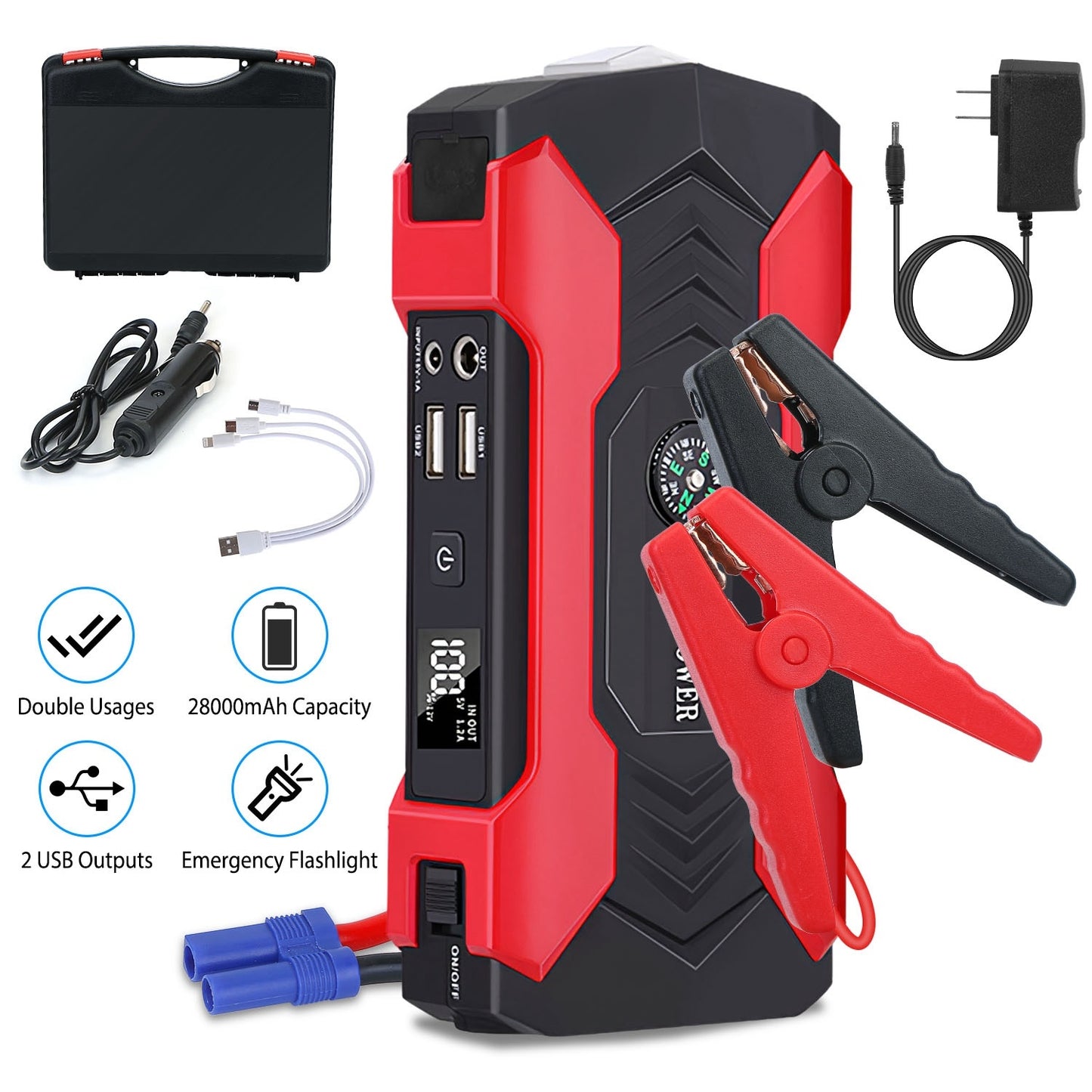 Car Jump Starter 800A Peak 28000mAh - Portable Battery Booster with LCD Screen